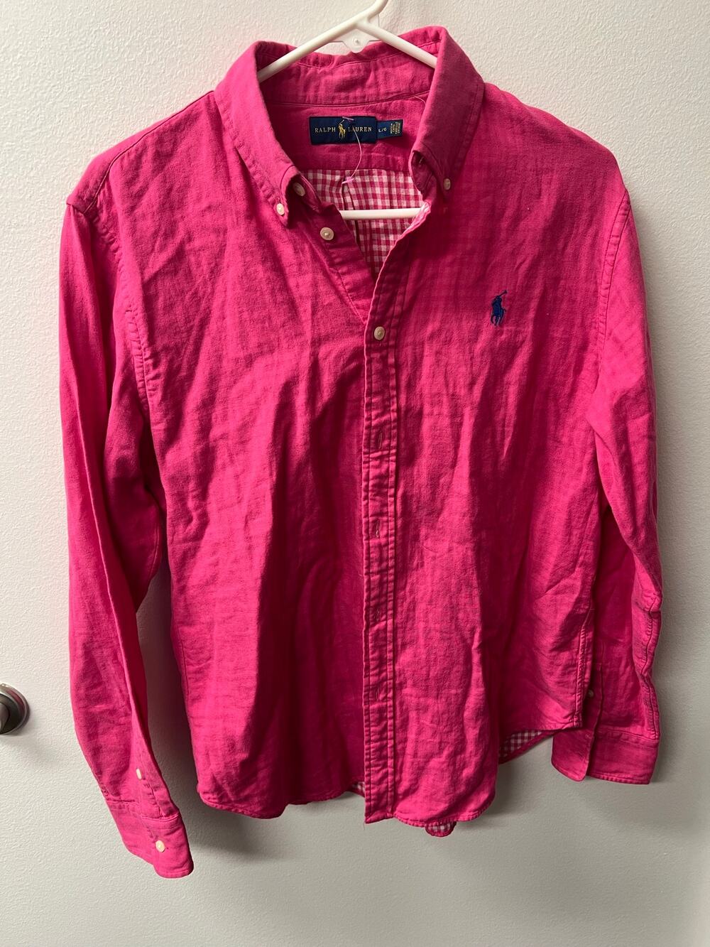Ralph Lauren Women’s L Pink Double Face Gingham Cotton Button Down Pony Shirt